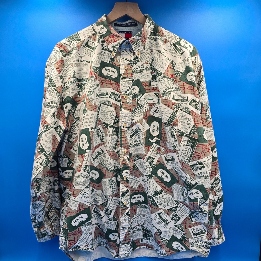 Vintage Tommy Hilfiger Men L‎ Map Travel Camp Print Cotton Button Down Shirt